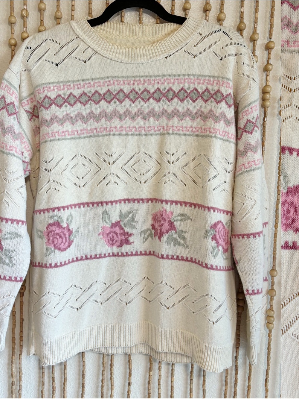 Vintage Coquette Knit Cream Pink Rose Floral Granny Farmhouse Cozy Sweater